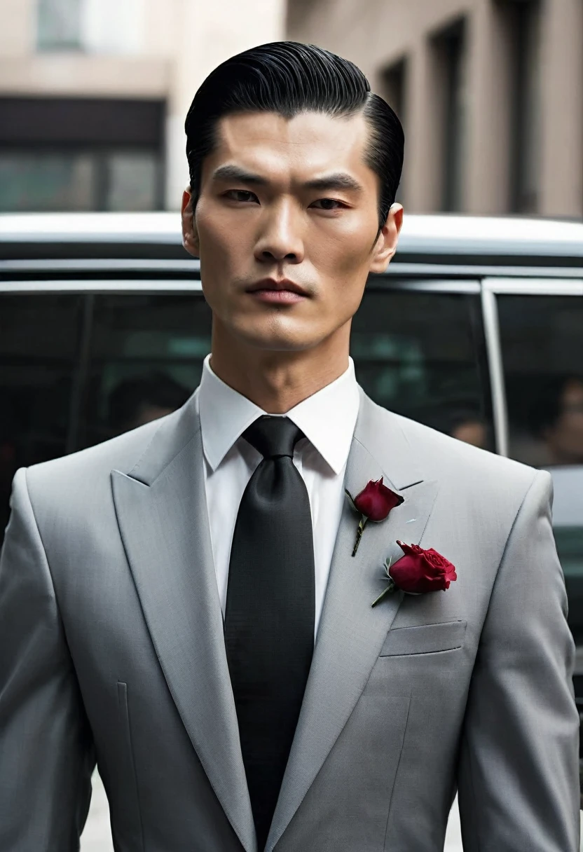 A tall and slender mob boss born and raised in China yet is fully a caucasian man, he has strong features yet has broad shoulders and defined muscles. He's not bulky, but is intimidating with his size. He's become a mafia boss and his appearance exudes power. He wwears a jet-black suit with a rose handkerchief. His hair is black and slicked back but long and plentiful. He is only about 25, so he still looks young and handsome.