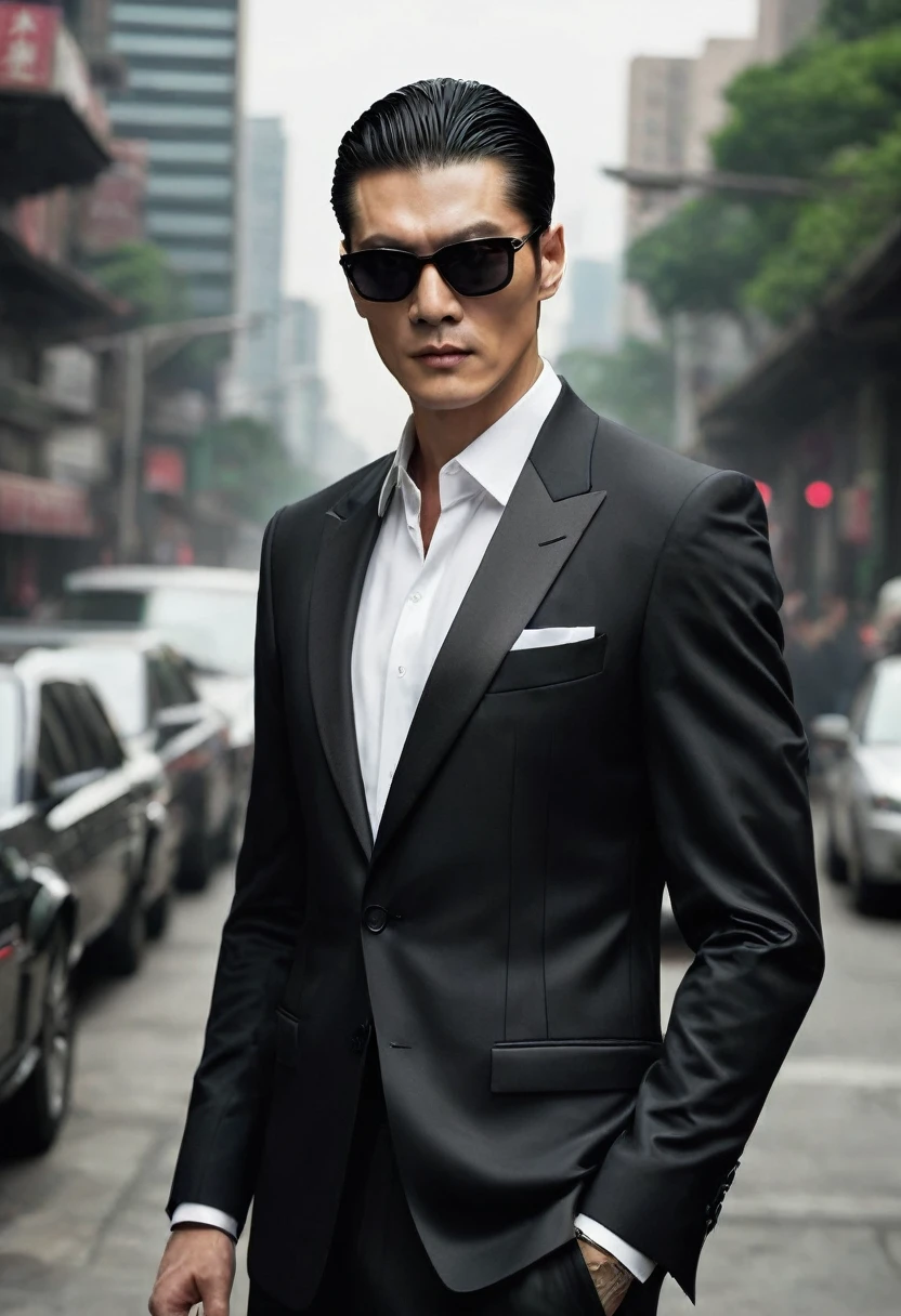 A tall and slender mob boss born and raised in China yet is fully a caucasian man, he has strong features yet has broad shoulders and defined muscles. He's not bulky, but is intimidating with his size. He's become a mafia boss and his appearance exudes power. He wwears a jet-black suit with a rose handkerchief. His hair is black and slicked back but long and plentiful. He is only about 25, so he still looks young and handsome.