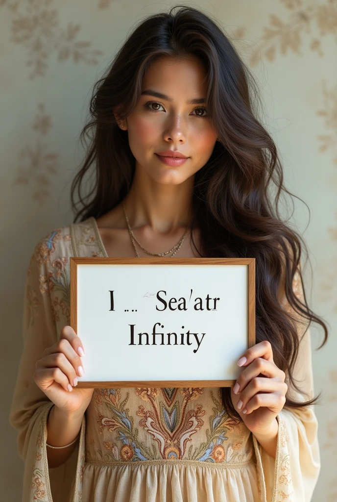 Beautiful girl with wavy long hair, bohemian dress, holding a white board with text "I Love Seaart Infinity" and showing it to the viewer