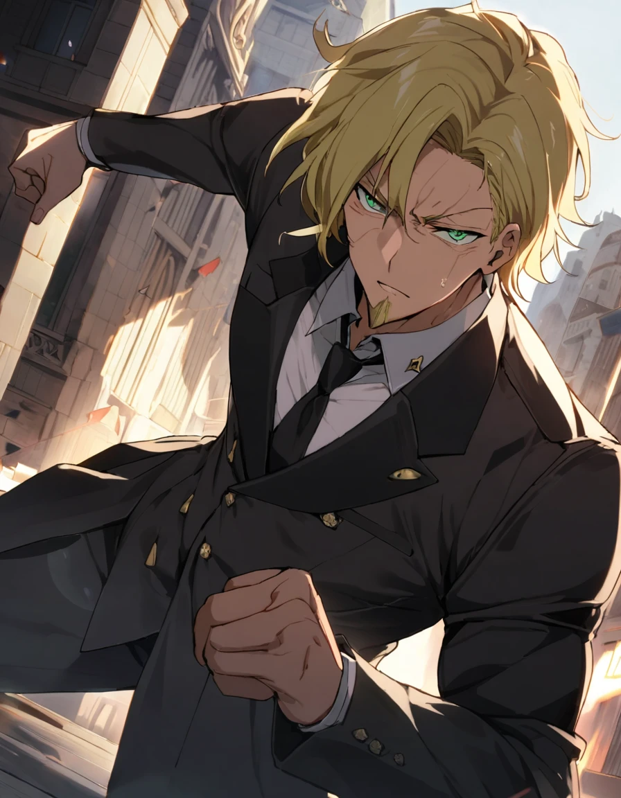 1man, vigorous secret service, chiseled face mature, business hair with asymmetrical bangs, goatee, green platina blond hair, emerald eyes, BREAK 45yo, charming caucasian, veteran, pentagon shaped, facial wrinkles, deep-set, BREAK ideal ratio body proportions, middle weight muscular, beautiful detailed eyes, BREAK solo, funeral black suit, black necktie, white shirt, at wall street, detailed background, fighting stance, BREAK upperlegs, epic scene, dramatic expression, 2010s, in persona style, retro visual novel, in newest eroge style, dutch angle, BREAK cinematic shadows, cinematic lighting, lens flare, light leaks, texture, absurdres absolutely resolution, extreme all detailed, masterpiece, best quality