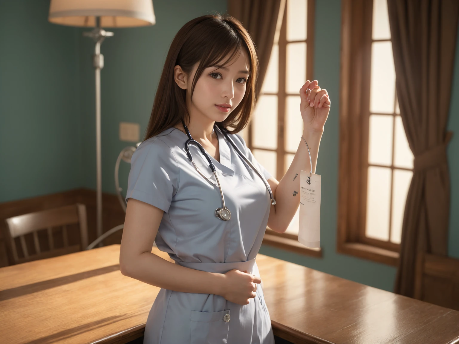 masterpiece, Highest quality, figure, Very detailed, The finer details, High resolution, 8k,wallpaper, Perfect dynamic composition,(Detailed high quality:1.3),(A tight-fitting nurse&#39;s uniform with buttons on the collar and chest), Seraphim, The background is an empty changing room, Deep in the field, Black hair color, Big Natural Color Lip, (Perfect figure), (smile)、Harajuku Style, Adorable expression、Expressions of happiness、Amazingly cute、Cute type、Beautiful feet, Idol Sculpture、Braid、Glasses、Big Breasts