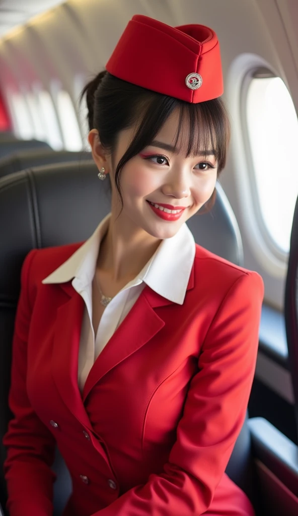 create the most beautiful flight attendant in the world, in work environment, red and white airline uniform, she is from japan, de cabelos pretos, 8k, realisitic