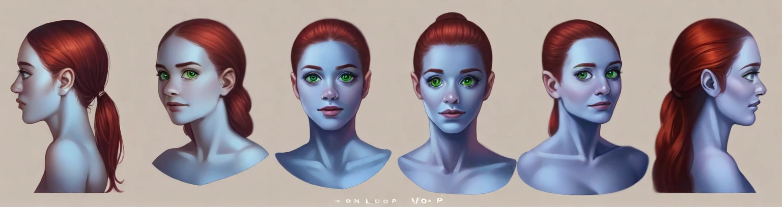 older female, red hair, green eyes, blue skin, beautiful, detailed face, photorealistic, colored skin, detailed face, detailed eyes, ultra-detailed, wlop, multiple views, multiple heads, head turnaround, upper body, bust turnaround, facing the right, facing the left, seen from the front, front view, 3/4 front view, 3/4 side view, back view, high detail, high quality, uhd, 8k, Score_9, score_8_up