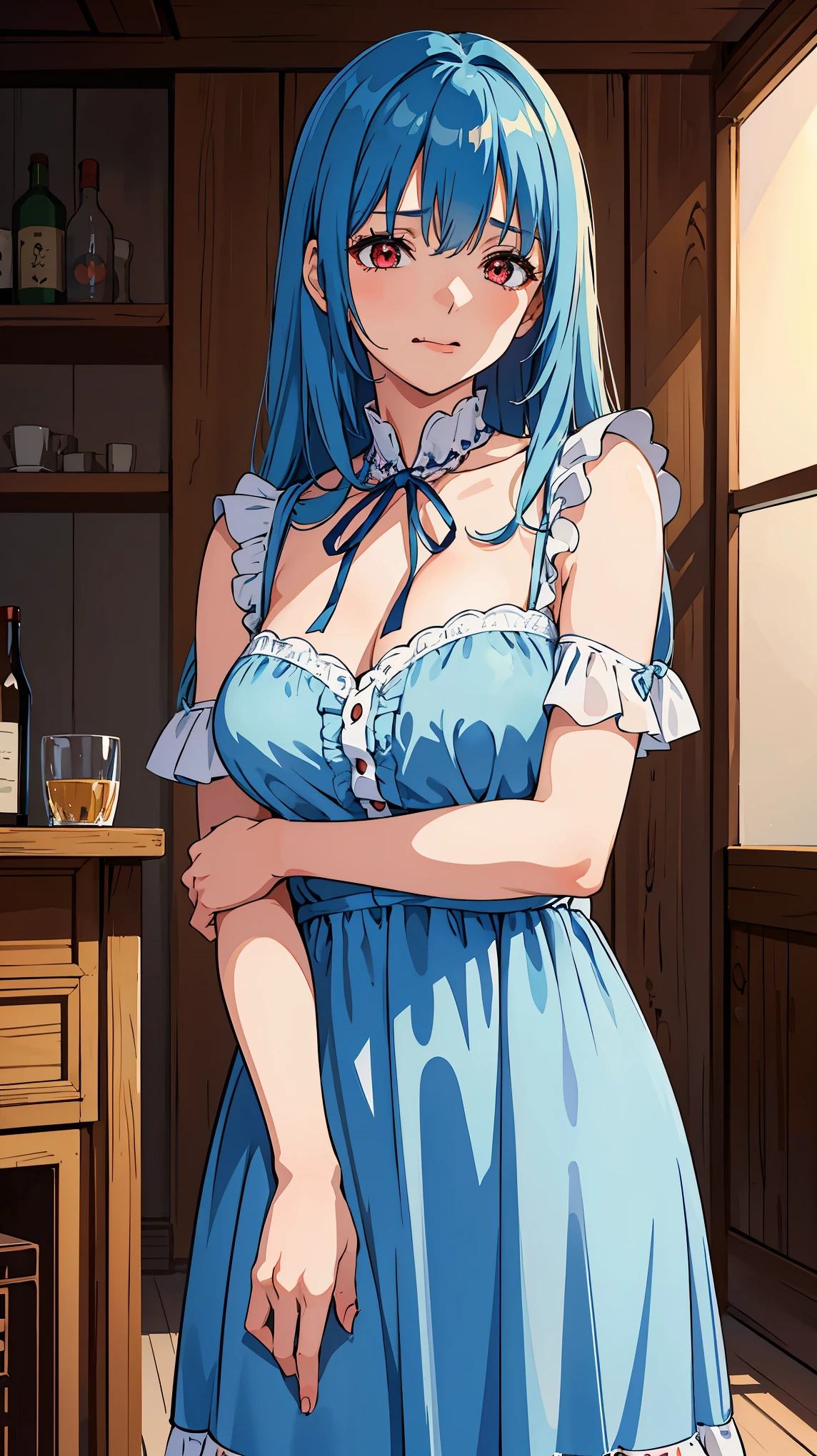 Woman1,cowboy shot,blue hair,red eyes,parted bangs,(Sleeping Dress,Shy,embarrassment,background in the room,taking out the tongue),HD,highly detailed