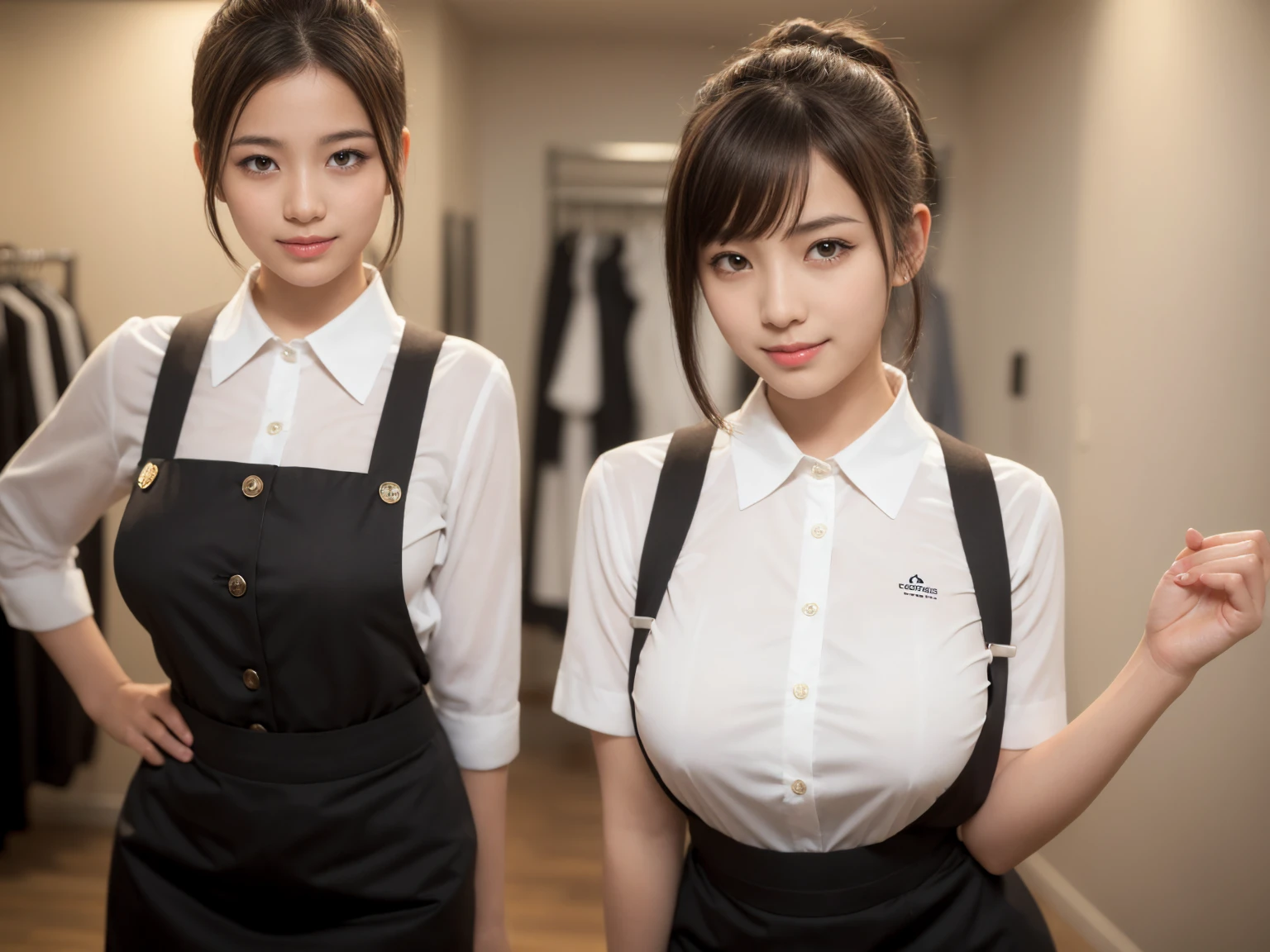 masterpiece, Highest quality, figure, Very detailed, The finer details, High resolution, 8k,wallpaper, Perfect dynamic composition,(Detailed high quality, Realistic depiction of eyes:1.3),(A tight-fitting waitress uniform with buttons on the collar and chest), Seraphim, Short Bob Hair, The background is an empty changing room, Deep in the field, Black hair color, Big Natural Color Lip, (Perfect figure), (smile)、Harajuku Style, Adorable expression、Expressions of happiness、Amazingly cute、Cute type、Beautiful feet, Idol Sculpture、Big Breasts