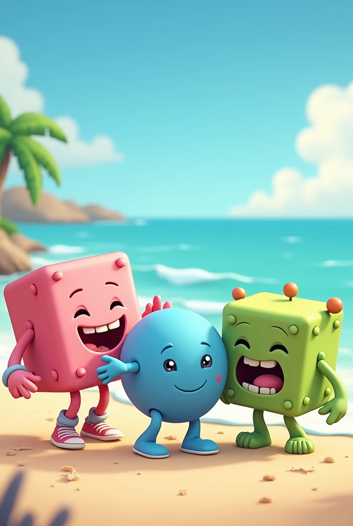 Three cubes, one pink with legs and braces, one with a blue body, and a green cube with nubs and a big mouth. All the cubes are happily smiling infront of the beach.