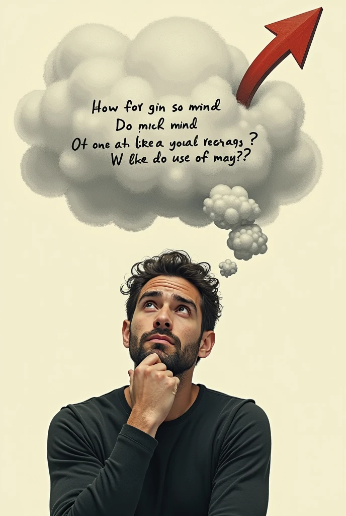 A man thinking and he is confused 
There is a arrow with a cloud shape in which there is written what he is thinking 
