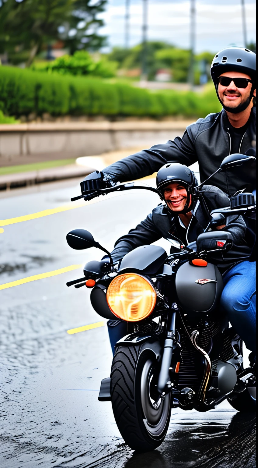 A handsome man riding a motorcycle in the rain,There's a handsome guy in the back seat,Handsome guy in the rain,Sit in the back seat,Open your arms,Look up at the sky,Half naked,