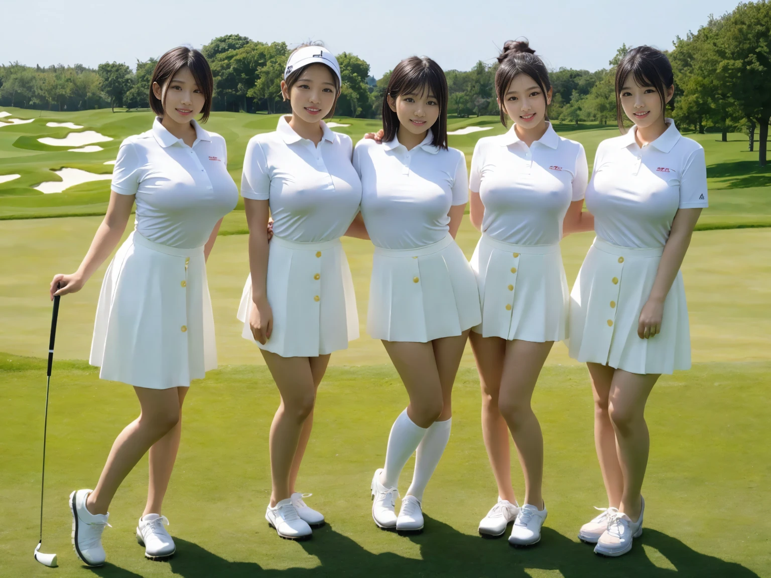 masterpiece, Highest quality, figure, Very detailed, The finer details, High resolution, 8k,wallpaper, Perfect dynamic composition,(Detailed high quality, Realistic depiction of eyes:1.3), Tight-fitting golf wear with buttons on the collar and chest, Tight golf skirt, Seraphim, Short Bob Hair, The background is an empty golf course, Deep in the field, Large Breasts, Black hair color, Big Natural Color Lip, (Perfect figure), (smile)、Harajuku Style、Three Japanese ***************** girls:1.3), Adorable expression、Expressions of happiness、************、height: 145cm、*********、Amazingly cute、Cute type、Beautiful feet, Idol Sculpture、(Big Breasts)