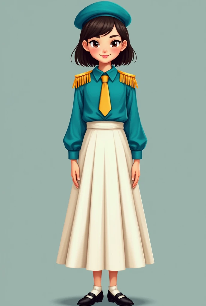 A wearing a turquoise blue long-sleeved shirt, White skirt with straight line on the side in gold, Simple golden shoulder pads, gold tie, black shoes and turquoise blue beret