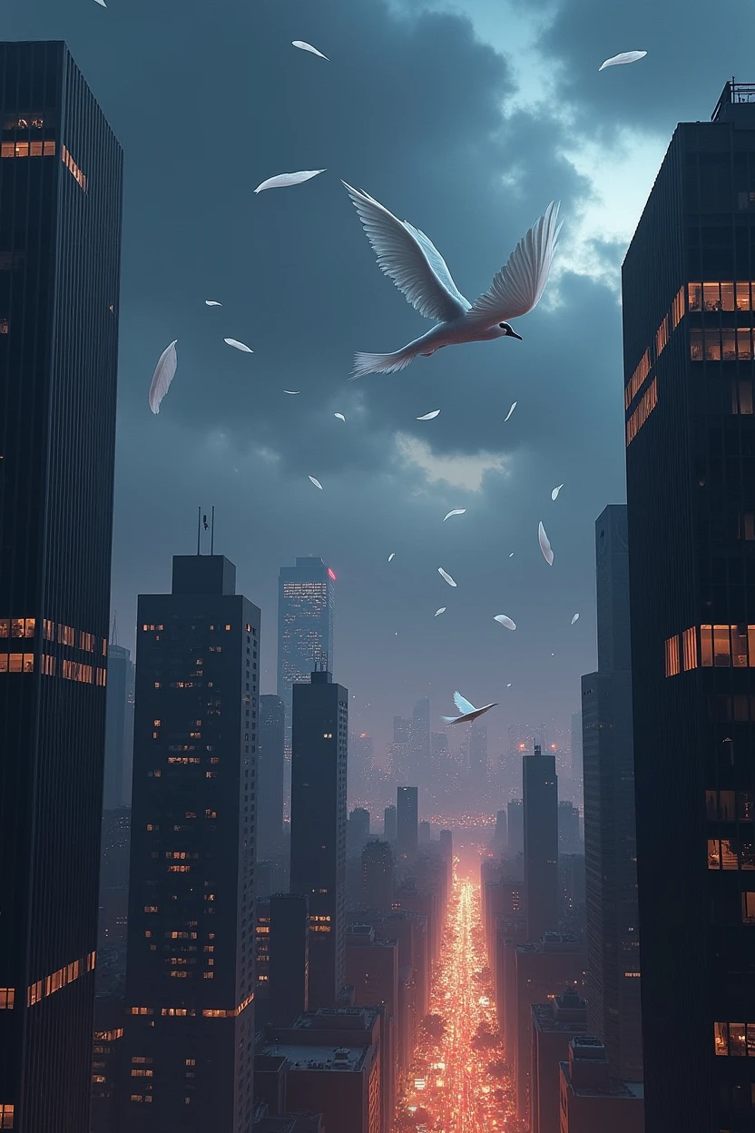 [Core Concept] A vibrant, bustling city skyline at night, with towering skyscrapers and a cloudy, moody atmosphere.

[Character Description] The scene is devoid of human figures, but the presence of delicate white feathers drifting through the air adds a sense of mystery and ethereal beauty.

[Environment/Background] The high-rise buildings stretch towards the heavens, their lit windows and facades casting a warm glow against the inky, cloud-covered sky.

[Style and Atmosphere] The overall mood is one of tranquility and wonder, a peaceful respite from the bustling activity below, with the falling feathers creating a serene, almost magical ambiance.

[Composition] The cityscape is framed by the sweeping, cloud-filled sky, drawing the viewer's eye upwards towards the captivating, feather-filled scene above the urban landscape.

[Details and Embellishments] The delicate, pristine white feathers float gracefully, creating a mesmerizing visual dance against the moody, shadowy backdrop of the city.

[Technical Specifications] The image should be rendered with a high level of detail and realism, capturing the interplay of light and shadow, the textural quality of the feathers, and the depth and scale of the cityscape.