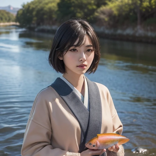 ((8k, Highest quality, masterpiece, Ultra-high resolution, Photorealistic:1.5)), One Girl, Age 18, Perfect dynamic composition, Tilt your head, Very detailed, In detail, Beautiful young woman, Pensive expression,Alone on the riverbank,,Photographic realism,Very detailedな環境, Black Hair, Short Bob Cut， Very detailed skin, Very detailed clothing, Famous Japanese Idols, 、Alone on the riverbank,Holding a salmon，Detailed salmon，Salmon in the foreground，Facing forward，Cut from the waist up，