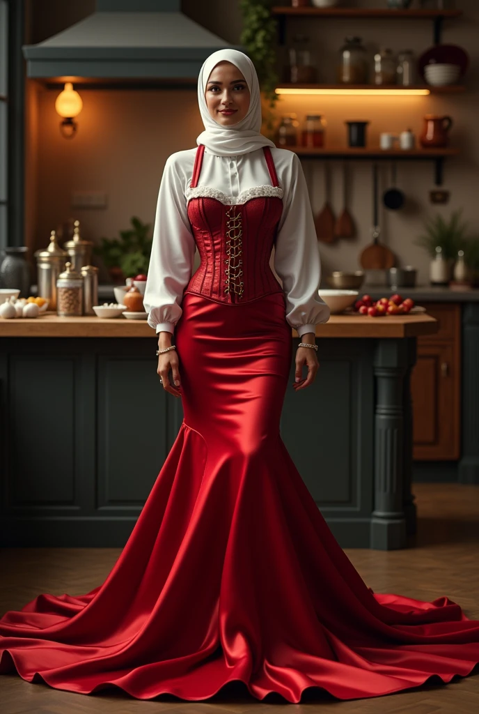 Woman wearing a corset and hijab, full-body pose,e, red satin mermaid skirt with a long flowing train, accented with a flowy dramatic train, complemented by an apron, kitchen backdrop with various cooking implements and spices, ambient kitchen lighting, volumetric lighting, ultra fine details, dramatic lighting.