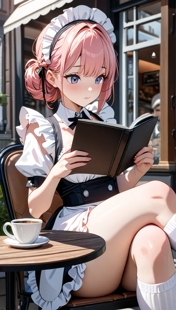 (((Best quality, 8k, Masterpiece: 1.3)), ((best quality)), ((masterpiece)), (detailed), perfect face, A maid girl with short pink hair, A maid costume with frills, high resolution, Textured skin, anime style, Reading a Photo album on the open terrace of a cafe, a coffee cup is placed on a white round table, reading a Photo album, Legs crossed, Knee-high socks