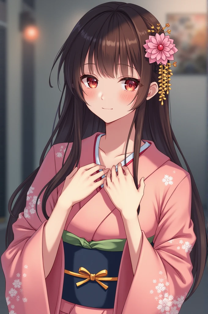 1girl, solo, kimono, japanese_clothes, long_hair, own_hands_together, hair_ornament, looking_at_viewer, floral_print, blush, upper_body, flower, bangs, closed_mouth, sash, hair_flower, long_sleeves, brown_hair, wide_sleeves, pink_kimono, obi, red_eyes, blurry, smile, blurry_background, print_kimono, collarbone