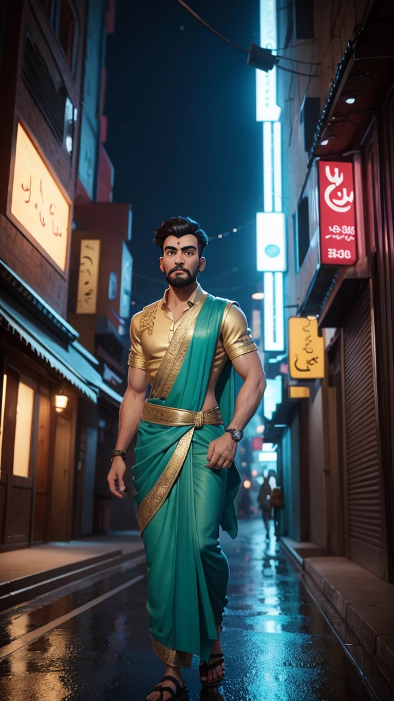 a cartoon man in a sari standing on a street at night, animation style render, 3 d character, 3d character, profile picture 1024px, 3 d cartoon, 3 d demo reel avatar, mohamed chahin style, cinematic full character, stylized character, 3 d character render, for hire 3d artist, 3 d character art, looking front,