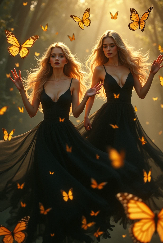 Beautiful witches in blackdress she is so charming, hold the magic 
Floating in the golden butterfly 