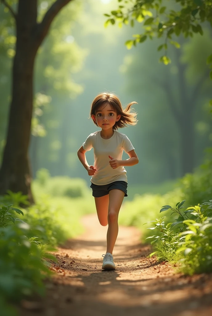 10 year old girl jogging. Realistic 8k image