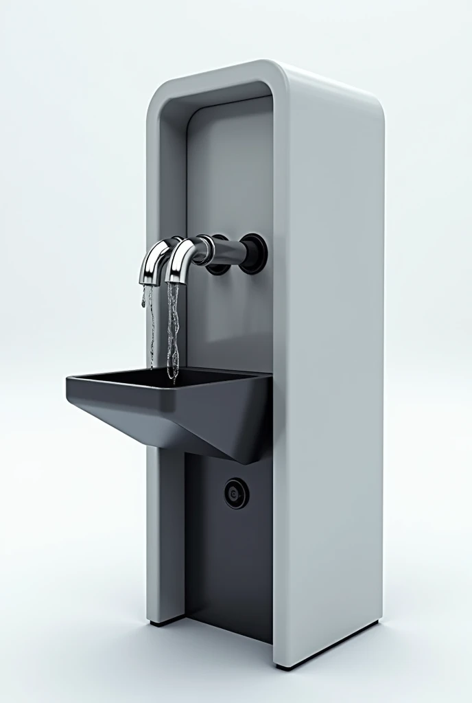 CREATE AN INDUSTRIAL DRINKING FOUNTAIN WITH PIPES IN THE FRONT ONLY FOR WATER OUTPUT AND BELOW THE PIPE A DARK COLOR PROXIMITY SENSOR AS A 3D MODELING
