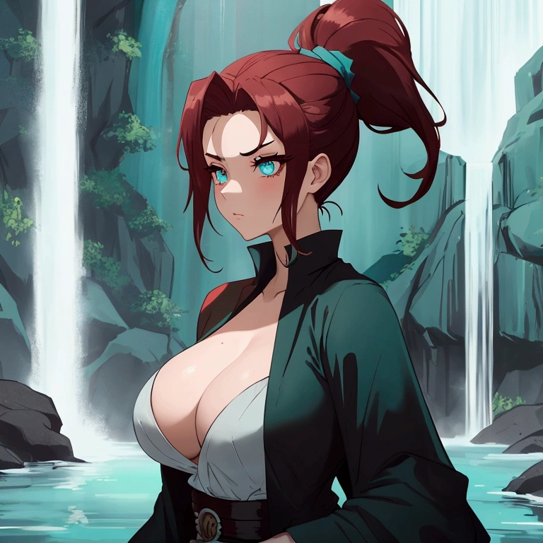 big breasted woman, hair tied back in a deep red ponytail, with side bangs,Serious turquoise eyes, bathing in a waterfall.