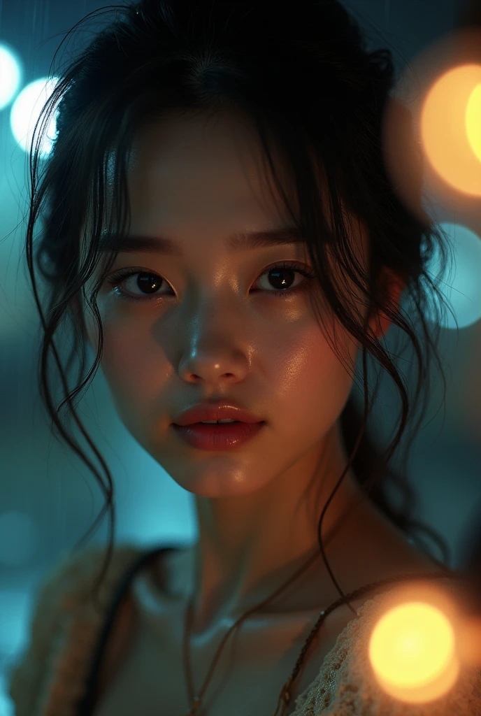 close up cute girl sad face but smiling. beauty of her. at rainy day in night. many bokeh light and front her is blur light.