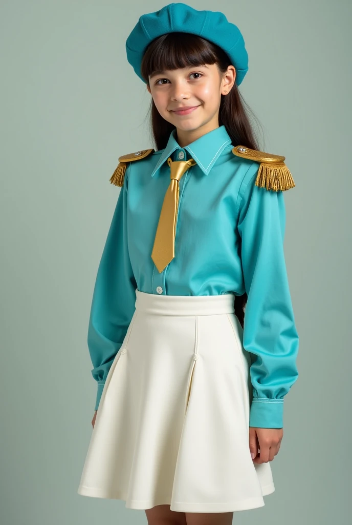 A 15-year-old girl wearing a turquoise blue long-sleeved shirt, White skirt with straight line on the side in gold, Simple golden shoulder pads, gold tie, black shoes and turquoise blue beret