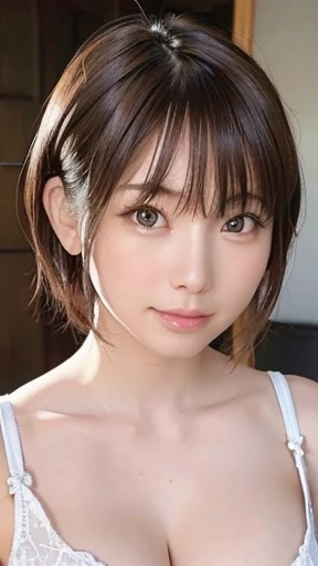 (masterpiece:1.3), (8k, Photorealistic, Original Photography, Top image quality: 1.4), Japanese female high school students、(Feel free to hairstyle:1.2)、Cleavage:1.2、Super detailed face、The eye for details、Double eyelids、chest together、sharp focus:1.2、pretty Woman:1.4、Light brown hair、Top quality、masterpiece、Ultra-high resolution、(Photorealistic:1.4)、Highly detailed and professional lighting smile、Loose, lightweight knitwear、Shoulders outward、slim、serious facial expression、short hair、Fatal location outside the house