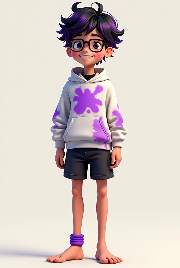 A thin age boy, happy, with glasses, black and purple curly hair, With black shirt, white sweatshirt with purple paint stains, light black shorts, with bare feet, without shoes, No socks, A purple anklet on the left leg, showing both feet to the camera
