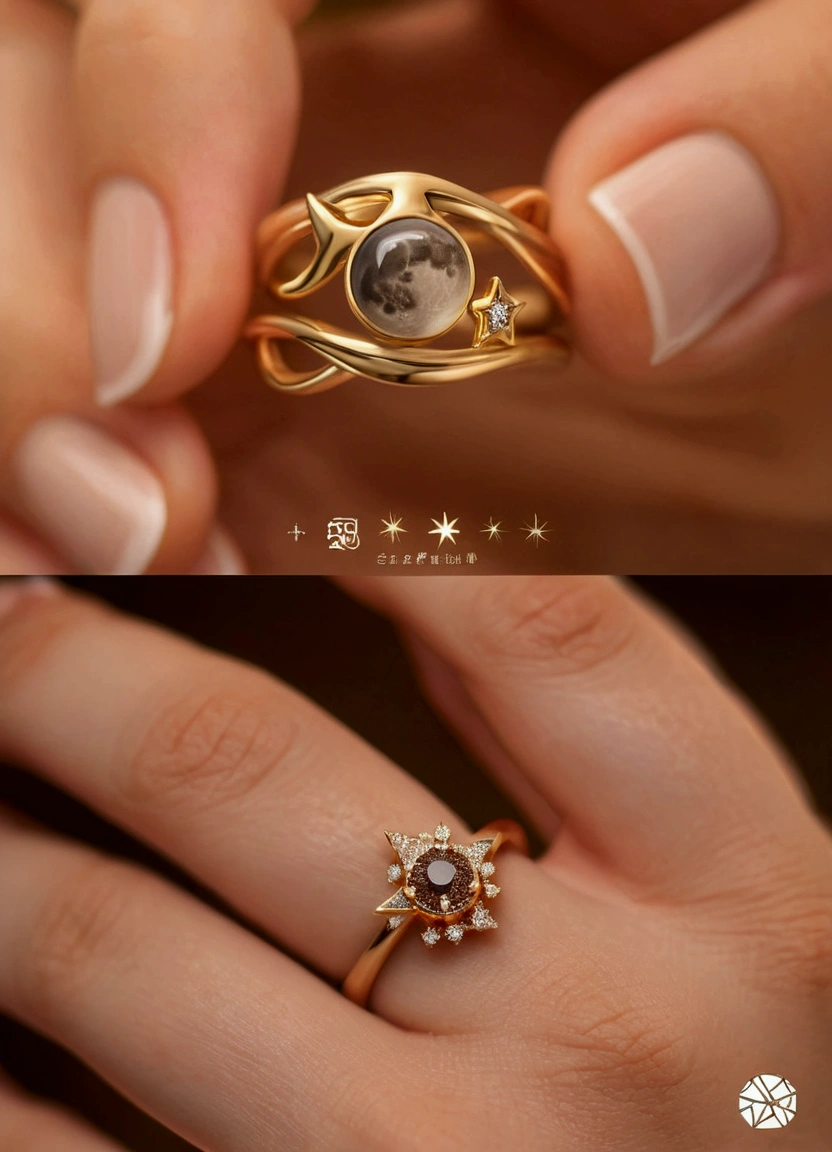 Create a new ring following the model shown in the image, but adding the shape of a moon and a star to the piece.