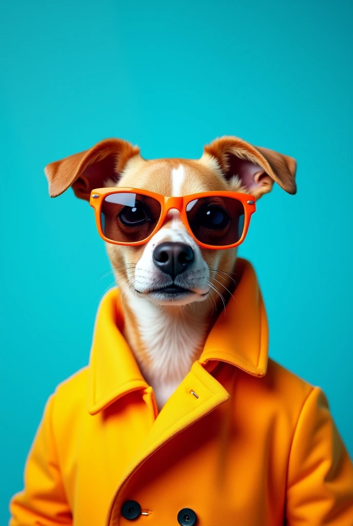 The best cell phone wallpaper, Award-Winning Wallpaper, portrait photography, In the front view is a portrait of a cute dog wearing mid-1960s space age fashion, Side view photo, Shot with Canon EOS R5, Set a strong contrast that accentuates the subject, Fluorescent blue tone, Wearing a very modern coat and sunglasses is a modern 1960s style, Clothes all in one color, beautiful background