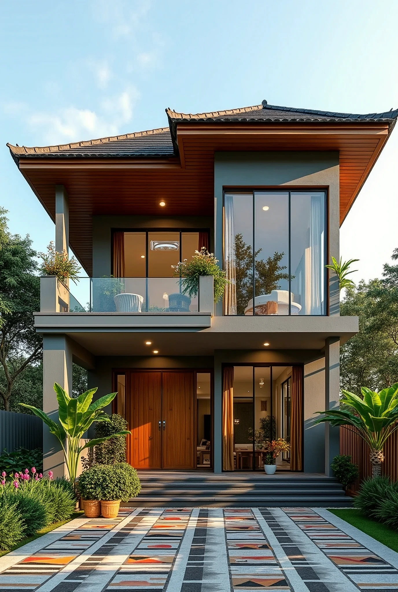 Design a Thai roof house, typical of Vietnam. The house has dimensions of 8mx12m. Designed in modern style. There are 2 floors. Aluminum glass windows. The main door is wooden. There are flowers planted around the house. Courtyard tiles are brightly colored