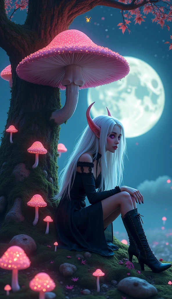 ((masterpiece )),(White hair), Violet eyes, Pink Eyeshadow, Beautiful Gothic dark elf girl, Sitting under the tree mushroom, Tired sad expression, Full moon sky, elegant,Good shape, ((Dark Skin)),skirt, high-heel boots, ((Many flowering mushrooms grow on the tree)), ((Glowing leaves)), ((Autumn lets grow on logs)), ((Glowing Mushrooms)),(Light Particle Moth),(Starry Sky)