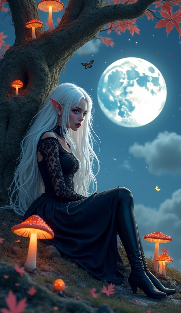 ((masterpiece )),(White hair), Violet eyes, Pink Eyeshadow, Beautiful Gothic dark elf girl, Sitting under the tree mushroom, Tired sad expression, Full moon sky, elegant,Good shape, ((Dark Skin)),skirt, high-heel boots, ((Many flowering mushrooms grow on the tree)), ((Glowing leaves)), ((Autumn lets grow on logs)), ((Glowing Mushrooms)),(Light Particle Moth),(Starry Sky)