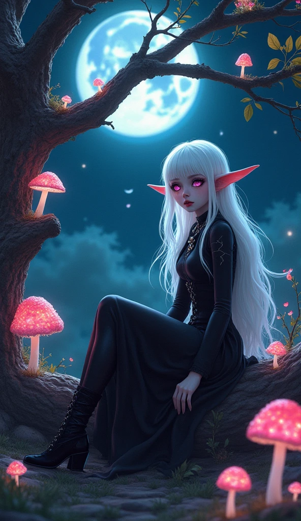 ((masterpiece )),(White hair), Violet eyes, Pink Eyeshadow, Beautiful Gothic dark elf girl, Sitting under the tree mushroom, Tired sad expression, Full moon sky, elegant,Good shape, ((Dark Skin)),skirt, high-heel boots, ((Many flowering mushrooms grow on the tree)), ((Glowing leaves)), ((Autumn lets grow on logs)), ((Glowing Mushrooms)),(Light Particle Moth),(Starry Sky)