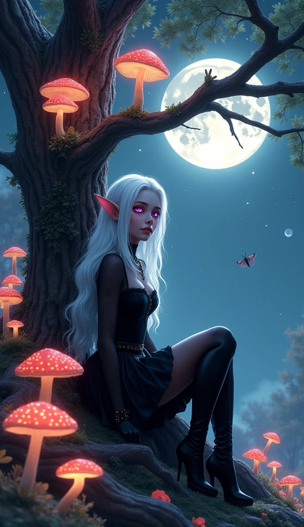 ((masterpiece )),(White hair), Violet eyes, Pink Eyeshadow, Beautiful Gothic dark elf girl, Sitting under the tree mushroom, Tired sad expression, Full moon sky, elegant,Good shape, ((Dark Skin)),skirt, high-heel boots, ((Many flowering mushrooms grow on the tree)), ((Glowing leaves)), ((Autumn lets grow on logs)), ((Glowing Mushrooms)),(Light Particle Moth),(Starry Sky)