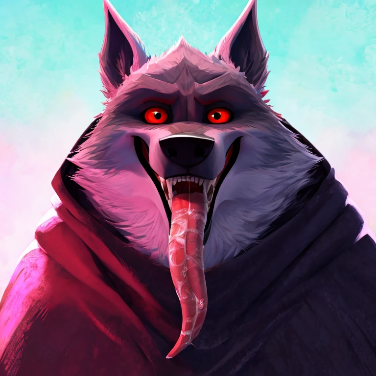 Death (Puss in Boots: The Last Wish), DreamWorks Animation, 2D, Looking at viewer, Open Mouth, Tongue Out, Long Tongue, Wide-Eyed, Wolf Ears, Anatomically Correct, Seductive Smile, Naughty Face, Cross-Eyed, Saliva Trail, Raised Eyebrow, Oral Invitation, Simple background, Character Design, Illustration, High Resolution, Super Detailed, Textured Skin, Eye Level Shot, Single Shot, Medium Close Up