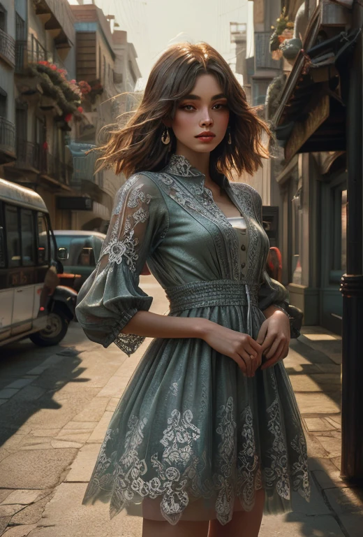 [Core Concept] A masterpiece of the highest quality, depicting a beautiful young woman in an otherworldly urban setting, (Laura Dress: 1.5), highly detailed 8K stock photography. [Character Description] The subject is a captivating young woman with incredibly intricate and delicate eyes, depicted in an angled pose above the hips. [Environment/Background] The scene takes place in a vibrant and quirky city street, transporting the viewer to a dreamlike alternate world. [Style and Atmosphere] Rendered with meticulous attention to detail and attention to detail, creating a captivating and wondrous feel. [Composition] The composition focuses solely on the central figure, allowing the viewer to fully appreciate the captivating presence of the subject. [Details and Decoration] The scene is decorated with a variety of delicate and charming elements, enhancing the overall magic and imagination. [Technical Specifications] The image is a highly detailed and high-quality digital art.