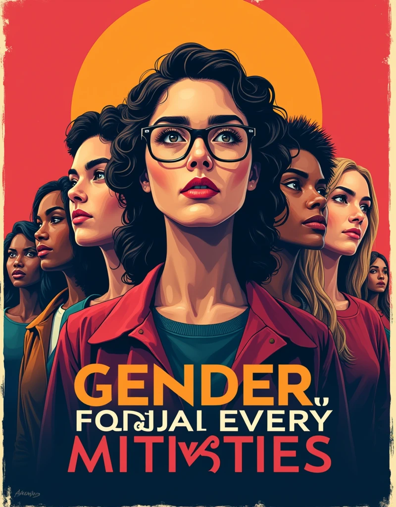 [Core Concept] 
A powerful poster advocating for the elimination of gender discrimination, showcasing the unity and determination of a civic organization fighting for equal rights.

[Character Description]
Diverse individuals from all walks of life, representing the broad spectrum of society, stand together in solidarity, their faces conveying a resolute expression of defiance against injustice.

[Environment/Background]
The poster is set against a bold, vibrant background, creating a visually striking and impactful composition that demands the viewer's attention.

[Style and Atmosphere]
The overall aesthetic is modern, bold, and impactful, with a strong emphasis on typography and symbolic imagery that conveys the message of the movement in a clear and compelling manner.

[Composition]
The layout is dynamic and well-balanced, with the individuals strategically positioned to create a sense of unity and collective strength, while the central text clearly articulates the organization's call to action.

[Details and Embellishments]
Subtle design elements, such as subtle geometric patterns or abstract shapes, may be incorporated to further reinforce the message and add visual interest to the poster.

[Technical Specifications]
The poster is designed for high-resolution printing, ensuring a crisp and vibrant display that can be effectively used for public awareness campaigns, rallies, or digital distribution.