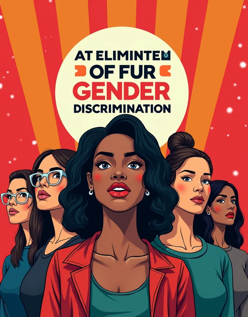 [Core Concept] 
A powerful poster advocating for the elimination of gender discrimination, showcasing the unity and determination of a civic organization fighting for equal rights.

[Character Description]
Diverse individuals from all walks of life, representing the broad spectrum of society, stand together in solidarity, their faces conveying a resolute expression of defiance against injustice.

[Environment/Background]
The poster is set against a bold, vibrant background, creating a visually striking and impactful composition that demands the viewer's attention.

[Style and Atmosphere]
The overall aesthetic is modern, bold, and impactful, with a strong emphasis on typography and symbolic imagery that conveys the message of the movement in a clear and compelling manner.

[Composition]
The layout is dynamic and well-balanced, with the individuals strategically positioned to create a sense of unity and collective strength, while the central text clearly articulates the organization's call to action.

[Details and Embellishments]
Subtle design elements, such as subtle geometric patterns or abstract shapes, may be incorporated to further reinforce the message and add visual interest to the poster.

[Technical Specifications]
The poster is designed for high-resolution printing, ensuring a crisp and vibrant display that can be effectively used for public awareness campaigns, rallies, or digital distribution.