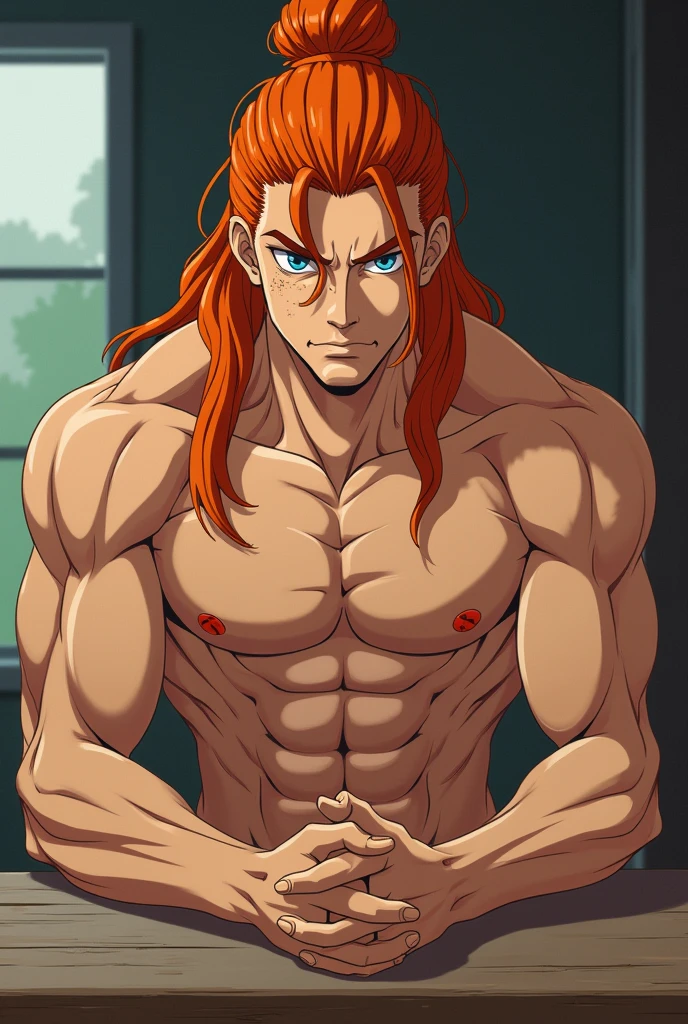 Handsome and muscular man, sitting at a table with legs open, big penis,erect penis, no clothing,hairless,long orange hair tied in a bun, freckles and blue eyes,anime classics of kimetsu no yaiba,hairless.