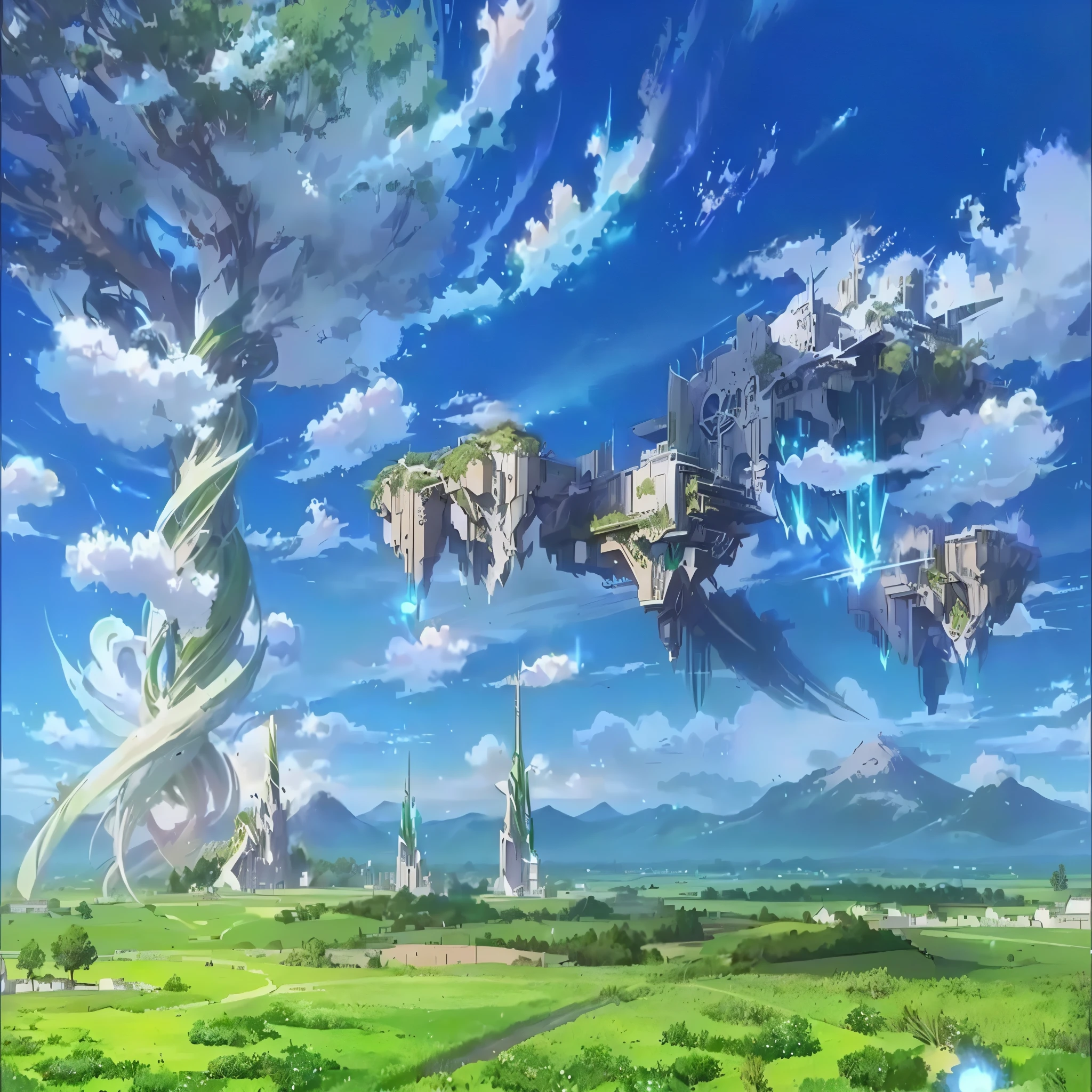 a painting of a large green field with a lot of flying objects, anime landscape wallpaper, anime fantasy artwork, anime landscape, Anime scenario concept art, beautiful Anime scenario, anime background key visual, Anime scenario, beautiful fantasy anime, anime background, anime concept hdr anime macmanus, 2. 5 d cgi anime fantasy artwork, anime key visual concept art of
