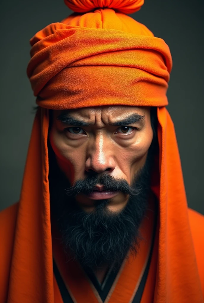 A man with a jutting jawline wearing a mandarin orange headgear