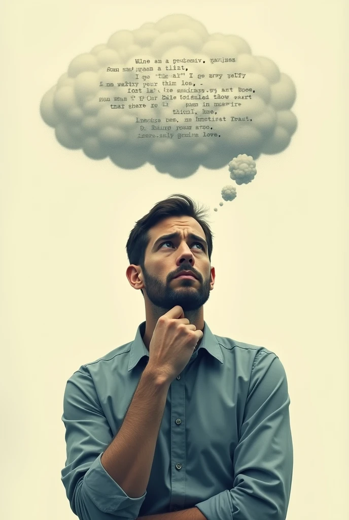 A man thinking and he is confused 
There is 
a cloud shape 2D in which there is written what he is thinking 