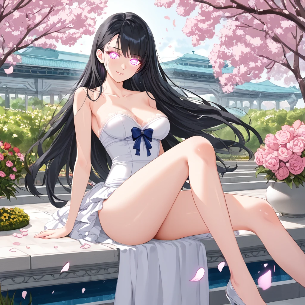 (:1.5),Lace,Ribbon,(masterpiece, Side Light, 精致beautiful灰色眼睛: 1.2), Medium breasts, Practical, Glowing eyes,Shiny hair,Black Hair,long hair, Glowing skin, Solitary, Awkward,Strapless,Beautifully,beautiful,garden,Flowers,Flying petals, Bare Legs, Cherry blossoms, Movie Lighting, Film composition, Rich expression