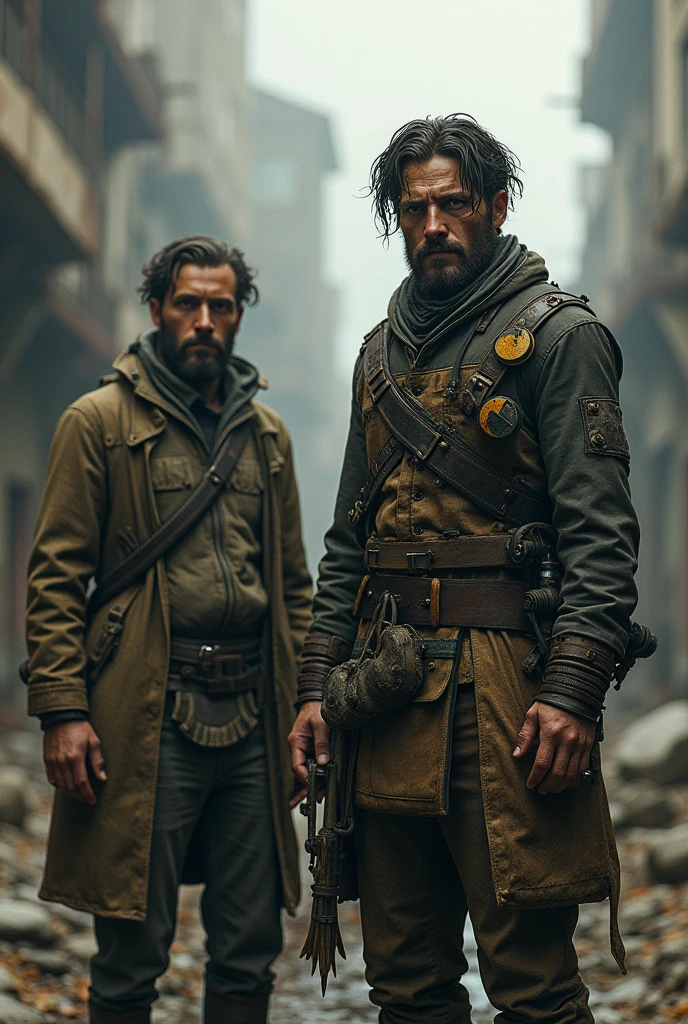 Steampunk aesthetic x dystopia fashion. Men. No clocks. More torn clothes. Dystopian. End of the world. No cowboys. Looks good.