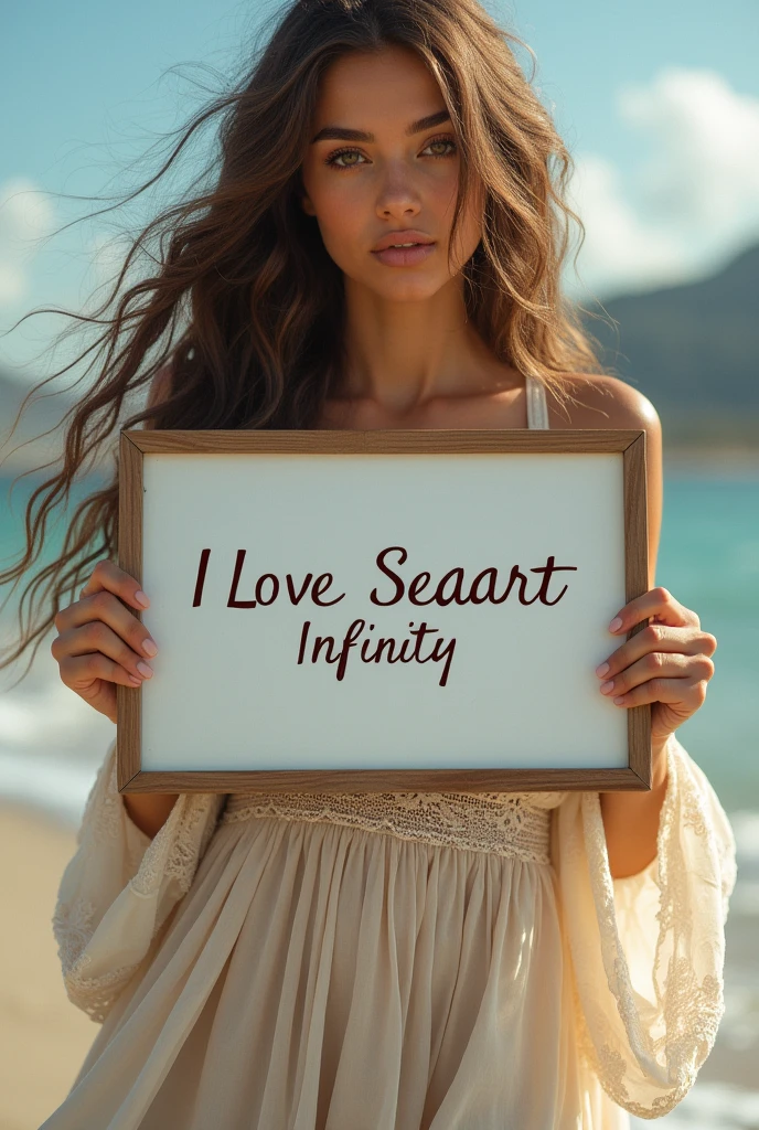 Beautiful girl with wavy long hair, bohemian dress, holding a white board with text "I Love Seaart Infinity" and showing it to the viewer