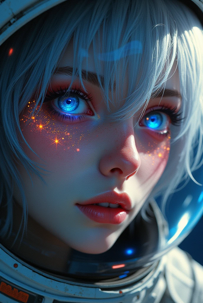 (Close-up of a better masterpiece:1.5)0.9], (Space and astronauts:1.2) (Messy silver hair:1.1) (Heterochromia xanthochromia and blue eyes:1.2) (Space Helmet:1.0) (Colored stars in the eyes:1.0) (A radiant glow:1.1) (thick lips:0.9)