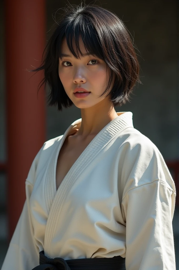 (action scene:1.2),((highest quality, 8K, masterpiece: 1.3)), sharp focus: 1.2, Beautiful woman with muscular body: 1.4, Arms are drooping, slim abdomen: 1.2, ((layered haircut, big: 1.2)), wet body: 1.1, Very detailed face and skin texture, fine eyes, double eyelid, sunburned skin, sunburned, sweaty skin, 1 girl, beautiful and perfect face, bob cut, intricate details, movie-like atmosphere, 8K, very detailed, (realistic, photorealistic: 1.37), Super detailed, highest quality, realistic, very delicate and beautiful, Raw photo, (((professional lighting)), face lighting, Depth of bounds written, single focus, (((Judo))), ((Black belt))、(((super big breasts:1.2))) 、(((cleavage)))、(((Protruding)))、Wear the official judo uniform), ((long sleeve)), ((wearing a t-shirt)), (muscular and healthy), small head, (((beautiful eyes)), real face, realistic face, real face, fine eyes, (fashionable hairstyle: 1.3), viewer, (cool japan women)), intellectual, sports, (smile: 1.15), (closed mouth), fine and beautiful eyes, (Japanese temple: 1.3), judo player, healthy body, (short hair: 1.2), short hair, black skin