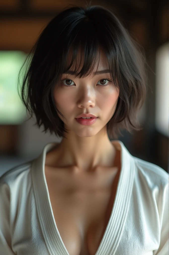 (action scene:1.2),((highest quality, 8K, masterpiece: 1.3)), sharp focus: 1.2, Beautiful woman with muscular body: 1.4, Arms are drooping, slim abdomen: 1.2, ((layered haircut, big: 1.2)), wet body: 1.1, Very detailed face and skin texture, fine eyes, double eyelid, sunburned skin, sunburned, sweaty skin, 1 girl, beautiful and perfect face, bob cut, intricate details, movie-like atmosphere, 8K, very detailed, (realistic, photorealistic: 1.37), Super detailed, highest quality, realistic, very delicate and beautiful, Raw photo, (((professional lighting)), face lighting, Depth of bounds written, single focus, (((Judo))), ((Black belt))、(((super big breasts:1.2))) 、(((cleavage)))、(((Protruding)))、Wear the official judo uniform), ((long sleeve)), ((wearing a t-shirt)), (muscular and healthy), small head, (((beautiful eyes)), real face, realistic face, real face, fine eyes, (fashionable hairstyle: 1.3), viewer, (cool japan women)), intellectual, sports, (smile: 1.15), (closed mouth), fine and beautiful eyes, (Japanese temple: 1.3), judo player, healthy body, (short hair: 1.2), short hair, black skin