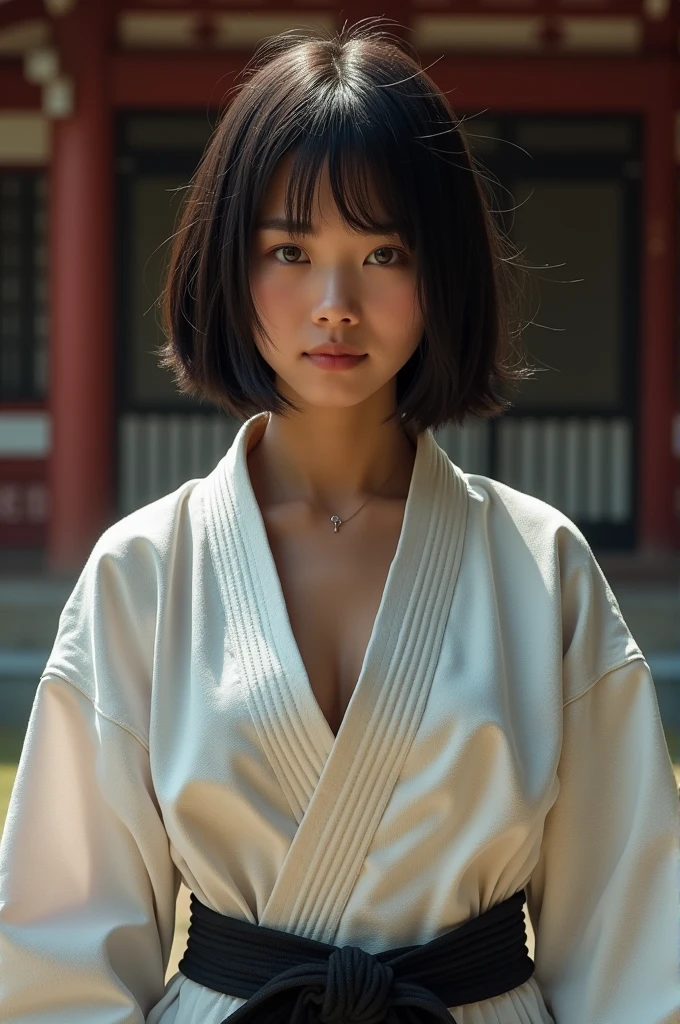 (action scene:1.2),((highest quality, 8K, masterpiece: 1.3)), sharp focus: 1.2, Beautiful woman with muscular body: 1.4, Arms are drooping, slim abdomen: 1.2, ((layered haircut, big: 1.2)), wet body: 1.1, Very detailed face and skin texture, fine eyes, double eyelid, sunburned skin, sunburned, sweaty skin, 1 girl, beautiful and perfect face, bob cut, intricate details, movie-like atmosphere, 8K, very detailed, (realistic, photorealistic: 1.37), Super detailed, highest quality, realistic, very delicate and beautiful, Raw photo, (((professional lighting)), face lighting, Depth of bounds written, single focus, (((Judo))), ((Black belt))、(((super big breasts:1.2))) 、(((cleavage)))、(((Protruding)))、Wear the official judo uniform), ((long sleeve)), ((wearing a t-shirt)), (muscular and healthy), small head, (((beautiful eyes)), real face, realistic face, real face, fine eyes, (fashionable hairstyle: 1.3), viewer, (cool japan women)), intellectual, sports, (smile: 1.15), (closed mouth), fine and beautiful eyes, (Japanese temple: 1.3), judo player, healthy body, (short hair: 1.2), short hair, black skin